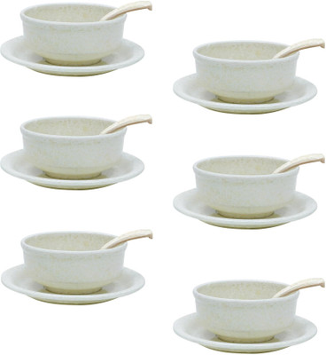 Ariya Melamine Soup Bowl Marble Pattern Serving Bowl Set with Spoon & Plate for Food Microwave Safe(Pack of 6, White)