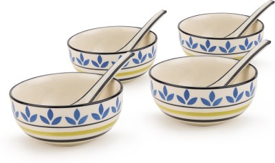 KITTENS Ceramic Soup Bowl With Spoons Set of 4, 300ml Bowls for Kitchen, Microwave Oven Safe(Pack of 4, Blue, Yellow)