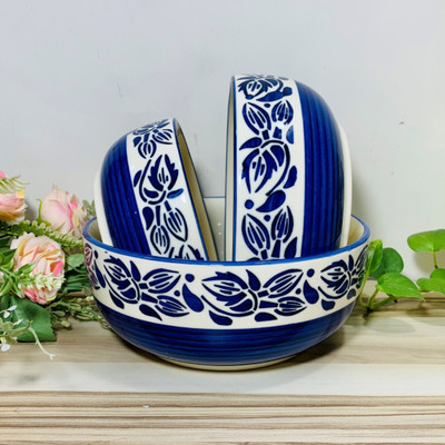 HomeFrills Ceramic Mixing Bowl Studio Pottery Hand-Painted Petal Design Serving & Mixing Bowls Set of 3(Pack of 3, Blue)