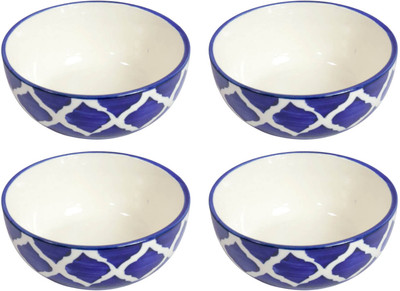 Saras Aajeevika Ceramic Serving Bowl | Khurja Pottery | Elegant Pattern | serving daily meals Bowls | Soup Bowl(Pack of 4, Blue, White)