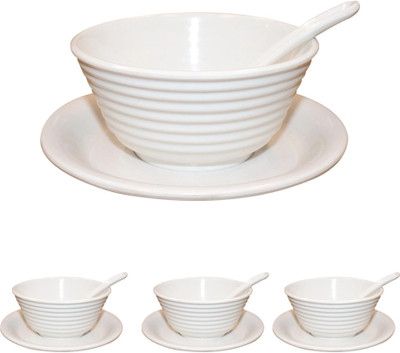 AURKA Melamine Soup Bowl Serving Bowl Set with Spoon & Plate for Serving Food, Microwave Safe(Pack of 4, White)
