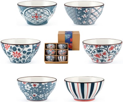 KRIVETY Ceramic Serving Bowl Janpanese Style Premium Porcelain Cereal Bowls With Gift Set(Pack of 6, Multicolor)