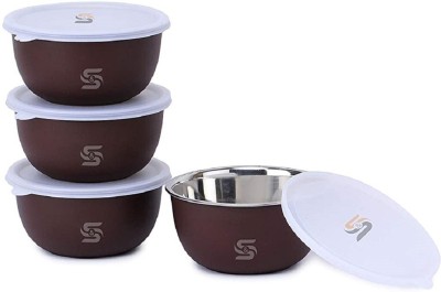 S&S Stainless Steel, Polypropylene Vegetable Bowl Microwave Safe Plastic Coated Euro Bowl Set with lid- Capacity: 750 ML Each(Pack of 4, Brown)