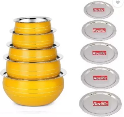 Redific 5 piece yellow color handi with stainless steel lid (pack of 10) Non-Stick Coated Cookware Set(Stainless Steel, 10 - Piece)