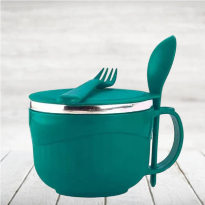 ADMONITION ENTERPRISE Stainless Steel Pasta Bowl Inner Stainless Steel Double Wall Maggi/Noodles & Soup Bowl with Spoon & Lid-2(Pack of 1, Green)