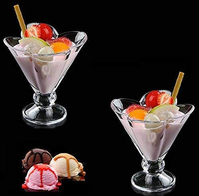 GRICKZO Glass Dessert Bowl 180ml Clear Flower Shape Glass Bowl For Ice Cream, Milkshake, Fruit Salad Disposable(Pack of 2, Clear)