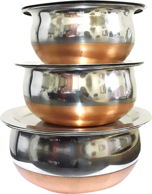Dynore Stainless Steel Serving Bowl Set of 3 Copper Bottom Serving Bowls with lid(Pack of 3, Steel)
