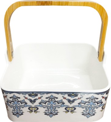 Lemon Tree Ceramic Serving Bowl Square Serving Basket Bowl with Wooden Handle(Pack of 1, Blue)