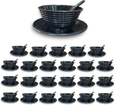Ariya Melamine Soup Bowl Serving Bowl Set with Spoon & Plate for Serving Food, Microwave Safe(Pack of 24, Black)
