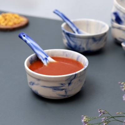 Unravel India Ceramic Soup Bowl(Pack of 6, White, Blue)