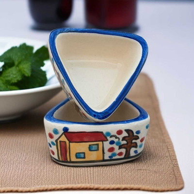 Malaikah Ceramic Sauce Bowl Triangle Hut Printed Chutney Bowl(Pack of 2, Multicolor)