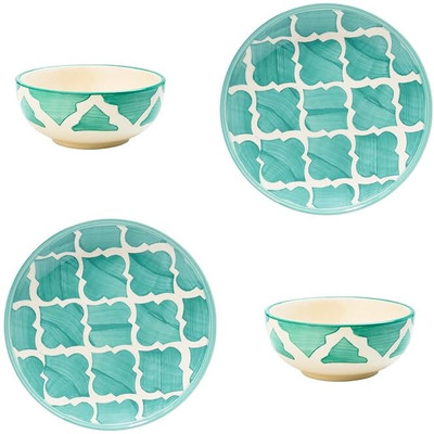 P-PLUS INTERNATIONAL Ceramic Serving Bowl Hand Painted Plates (7 Inch) And Bowls Set(Pack of 4, Green)