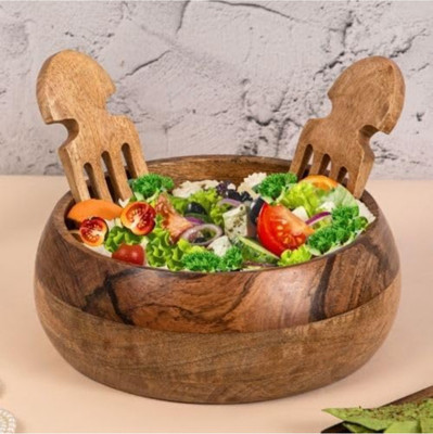 ALVI ENTERPRISES Wooden Salad Bowl Wooden Salad Bowl 9x4 Inch with 2 Hand Claws | Natural Brown Finish(Pack of 1, Brown)