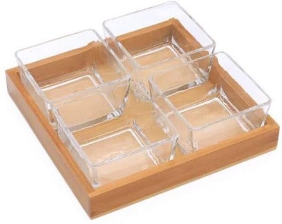 BABALIFINCH Glass Serving Bowl Set with Wooden Tray for Serving Dry Fruit, Chocolate, Snacks, Dessert(Pack of 4, Clear)