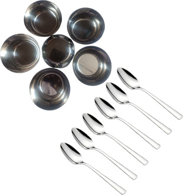 Silvester Stainless Steel Vegetable Bowl Classic Stainless Steel 6 Bowl and 6 Spoon Set Disposable(Pack of 6, Silver)