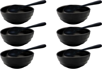 ZIDO Melamine Serving Bowl with Spoons for Snacks, Soup, Ice-Cream, Vegetables, Cereal, Maggi, Desert etc(Pack of 12, Black)