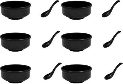 PKMSHO Melamine Vegetable Bowl 200ml Soup Bowls with Spoon, Black set(Pack of 12, Black)