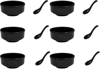 PKMSHO Melamine Vegetable Bowl 200ml Soup Bowls with Spoon, Black set(Pack of 12, Black)