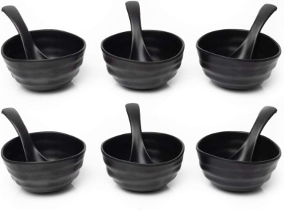 merdwal Melamine Soup Bowl Dining Serving Soup Melamine Solid Matte Style 6 Soup Bowl & 6 Spoon, Black(Pack of 6, Black)