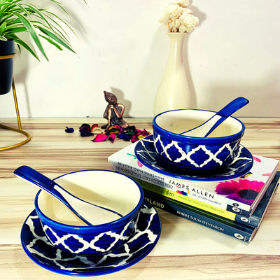 HomeFrills Ceramic Soup Bowl Handpainted Soup / Cereal Bowls with saucer & spoon Set of 2 Glossy Finish(Pack of 6, Blue)