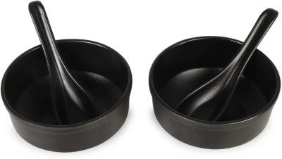 TWINK Melamine Soup Bowl Soup Bowl With Spoons Set of 2, 300ml Bowls for Kitchen, Microwave Oven Safe(Pack of 2, Black)