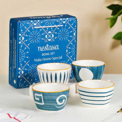 Nestasia Ceramic Serving Bowl Serving Bowl Set(Pack of 4, White, Blue)