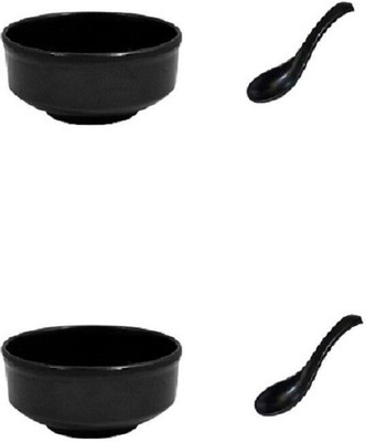 Super Dine Melamine Soup Bowl Matt Finish Soup Bowl with Spoon(Pack of 2, Black)