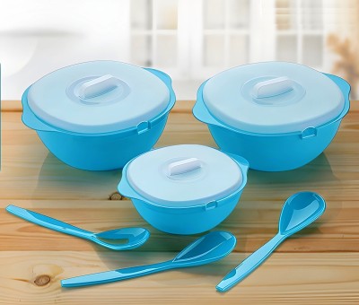 Craftbin Plastic Serving Bowl Serving Bowls Set with Lid Spoons for Rice Curry, Microwave Safe Mixing Bowl(Pack of 3, Blue)