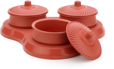 Finner Plastic Serving Bowl Unbreakable Multipurpose Kitchen Handi Shape Bowl with Lid(Pack of 3, Brown)