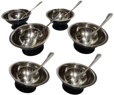 Dynore Steel Dessert Bowl Stainless Steel Black Round Shape Ice Cream Cup With Spoon- Set of 12(Pack of 12, Black)