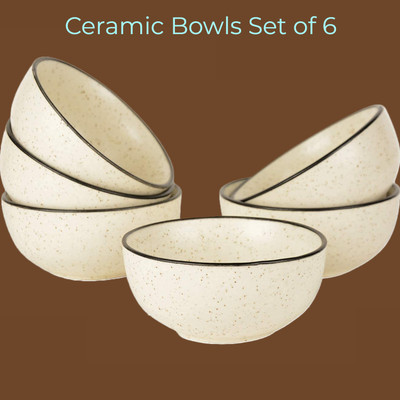 FREAKWAY Ceramic Serving Bowl Serving Bowls Set India Ceramic Dotted Dessert Hancrafted Bowl(Pack of 6, White)