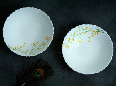 Crocera Opalware Serving Bowl LaOpala Citron Weave Multiutility Bowl, 550ml, (Super White), Opalglass(Pack of 2, Orange, Green)