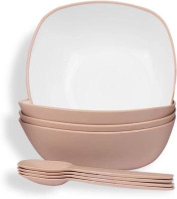 Lumiset Plastic Serving Bowl for rice,curry,salad,pasta with spoons|Microwave and dishwasher safe|500ML|(Pack of 4, Beige)