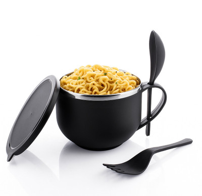 METSTIK Plastic Soup Bowl ,Noodle Bowl,Soup Mug, Bowl With Lid, Bowl With Spoon & Fork(Pack of 1, Black)