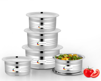 VIGSHRISE Stainless Steel Silver Tapeli Lid – Mirror Finish Heavy-Duty Cover Induction Bottom Cookware Set(Stainless Steel, 5 - Piece)