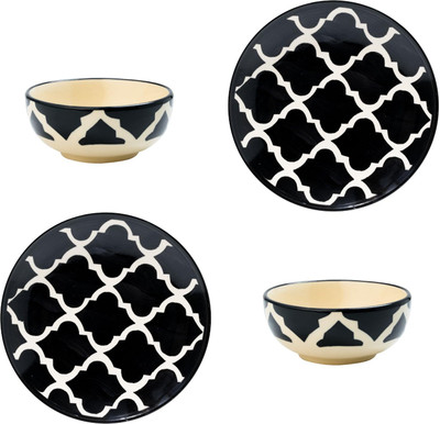 P-PLUS INTERNATIONAL Ceramic Soup Bowl Handpainted Ceramic Set of 2 Plate (7 Inch) and Set of 2 Bowl(Pack of 4, Black)