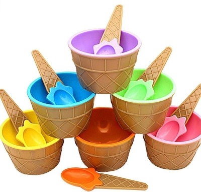SKYZONE Plastic Dessert Bowl 6 pcs Ice Cream Bowl Plastic Solid Colour Cream Cup Couple Bowl With Spoon.(Pack of 6, Multicolor)