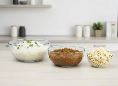 WOLLONGONG HOMES Glass Mixing Bowl Safe Borosilicate & Serving Bowls (500ml, 1000ml, 1500ml)(Pack of 3, Multicolor)