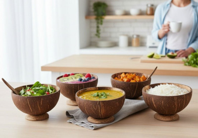 Eco Gree Wooden Serving Bowl For Snacks & Dry Fruits, Salad,Wood Decorative Multipurpose(Pack of 5, Brown)