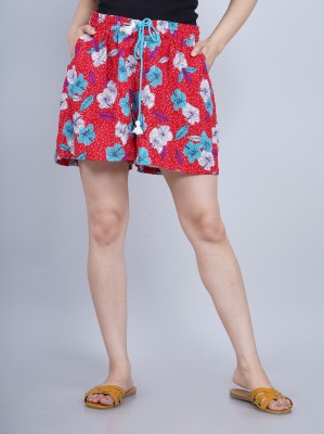 Hariyali Floral Print Women Red Hotpants