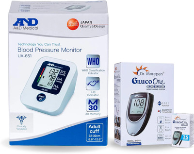 AND UA-651 Upper Arm Blood Pressure Monitor + Dr. Morepen BG-03 Glucometer (with 25 Test Strips) – Home Health Monitoring Kit Bp Monitor(White)