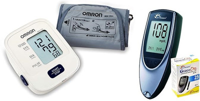 OMRON HEM-7120 Digital Blood Pressure Monitor with Intellisense Technology and Dr. Morepen BG-03 Glucometer with 25 strips & Omron Bp Monitor(White,Gray)