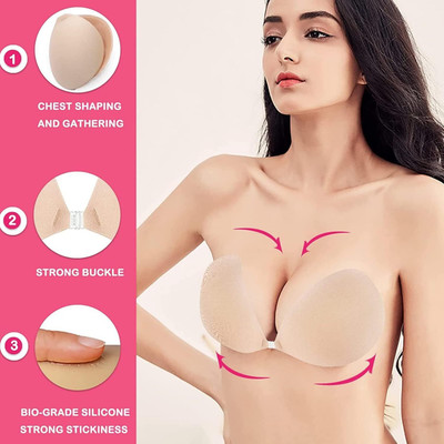 TRK IMPEX Self-Adhesive Invisible Bra Mango V-Shape, 1 Pair_,Silicone Seamless Bra Sticky Silicone Push Up Bra Pads(Beige Pack of 1)
