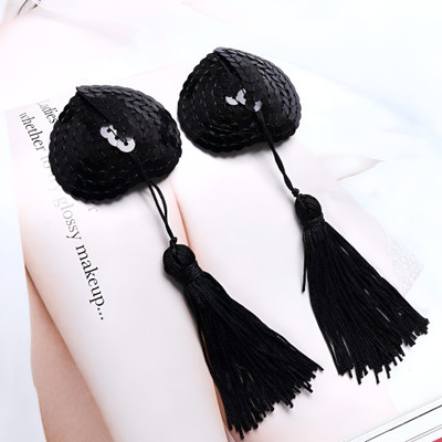 Wave Fashion Womens Silicone Petals Sequin Heart Pasties Adhesive Nipple Cover Reusable Bra Silicone Peel and Stick Bra Petals(Black Pack of 1)