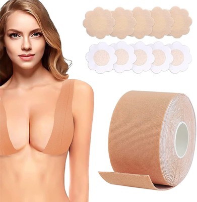 SKYELLA Breast Lift Tape Body Tape With 10 Pcs Cotton Nipple Cover FashionTape For Women Cotton Push Up Bra Petals(Beige Pack of 1)