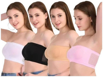 LTJ ENTERPRISES Women's Nylon Spandex Tube Bra | Strapless Non-Wired Chest Wrap (Pack of 4) Women Sports Non Padded Bra(Multicolor)