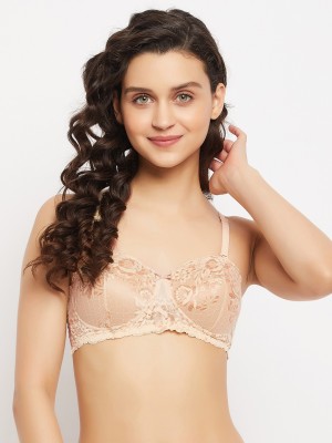 Clovia Padded Non-Wired Demi Cup Multiway Balconette Bra in Cream Colour - Lace Women Balconette Lightly Padded Bra(Beige)