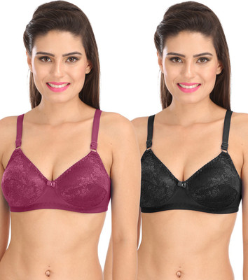 SONA Sona Salsa L007 Women'S T-Shirt Full Coverage Lace Non-Padded Non-Wire Bra For Women Pack of 2 Women T-Shirt Non Padded Bra(Purple, Black)