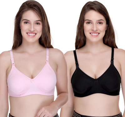 SONA Breast Feeding Maternity for Milk Feeding Elastic Straps for Nursing Women Maternity/Nursing Non Padded Bra(Pink, Black)