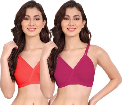 FIMS Women Cotton Blend Solid Non-Padded Red Pink Women Everyday Non Padded Bra(Red, Pink)